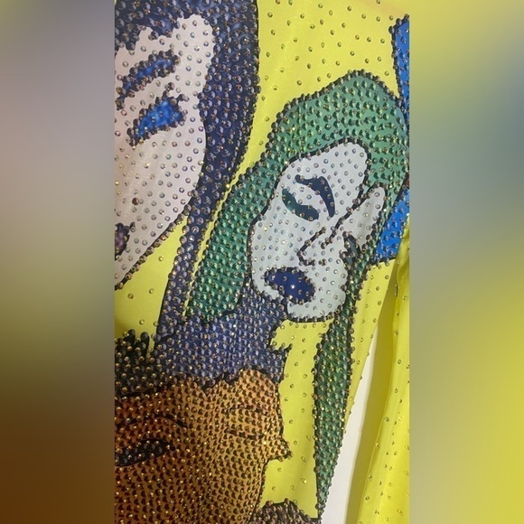 Pop Art Rhinestone Mesh Jumpsuit Yellow Long Sleeve Bodysuit Costume Style Sz L - Picture 6 of 7